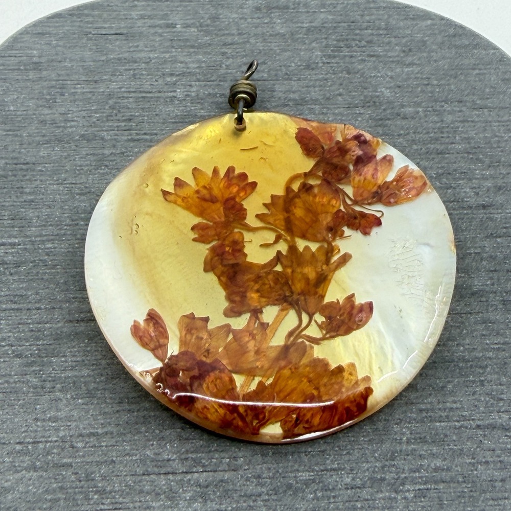 Dried Flower Resin Pendant Amber & Bronze Tone Yellow Cottagecore Boho Jewelry